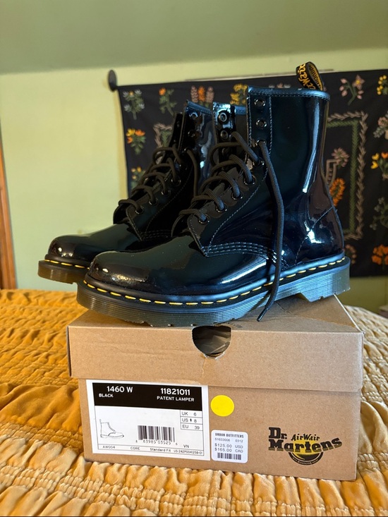 Dr. Martens Shoes - Dr. Martens Black Patent 8-Eye Combat Boots with Yellow Welt Stitching